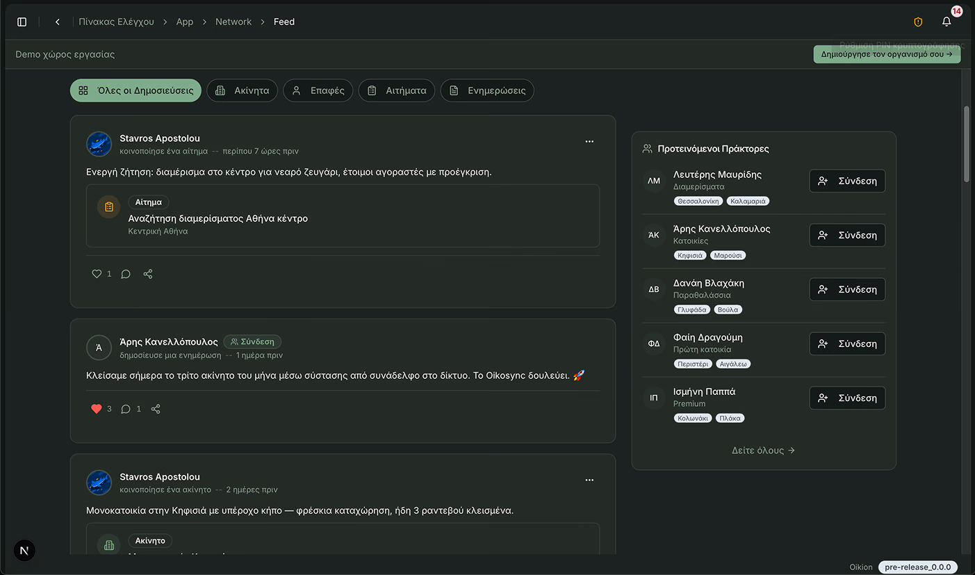 The Oikosync real-time team activity feed