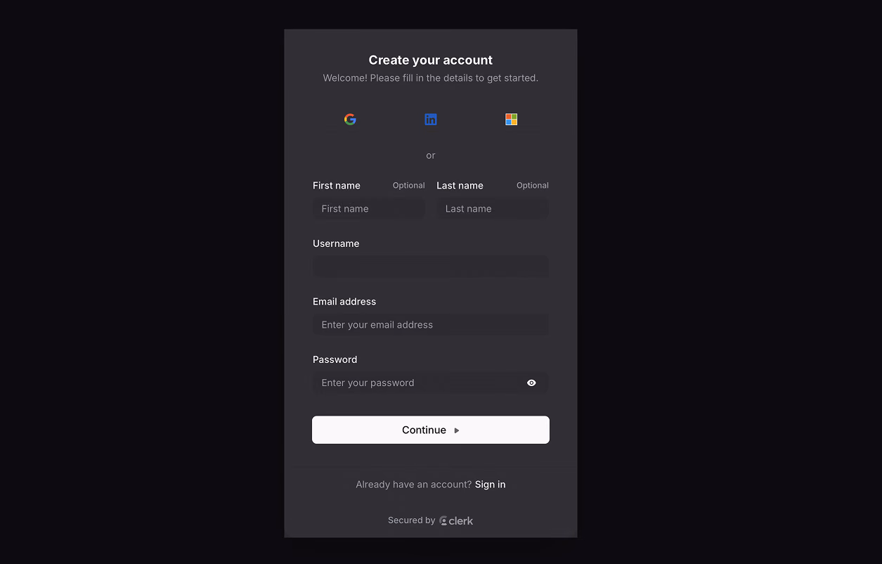 The minimal Oikion account step: name and username are optional, only email and password are required, with social sign-in above